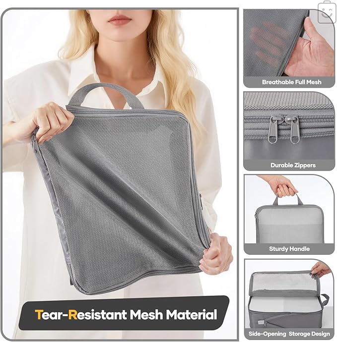 Veken 6/9/11 Set Compression Packing Cubes Garment Bags for Travel Essentials,Compressible Expandable Luggage Organizer Bags for Clothing,Space Saver Bags with Over 1000 pcs of Mesh Holes(Gray)