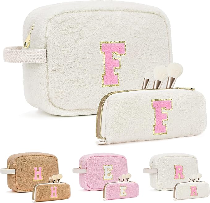 ibeacos for Valentines Day Gifts, Travel Makeup Bag for Women, Initial Make Up Bag Set for 6 7 8 9 10 11 12 13 Years Old Kids Tween Girls, Large Cosmetic Skincare Bags for Birthday Gifts, White F