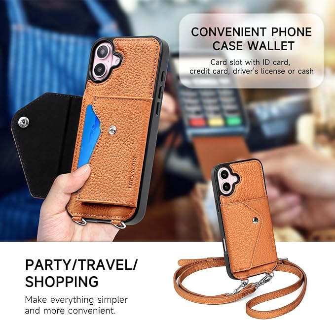 LUCKYCOIN Crossbody Phone Case for iPhone 16 Plus,100% Genuine Leather Phone Wallet Case for Women, Premium Hands-Free Phone Purse with Expandable Flip Card Holder & Adjustable Strap - Pebble Brown