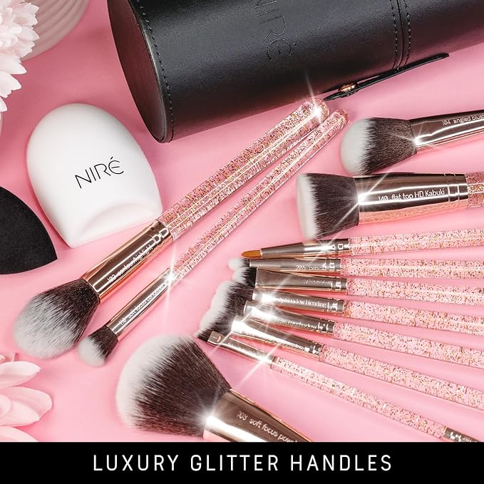 Niré Beauty Glitter Makeup Brush Set, 15 Piece, Rose Gold