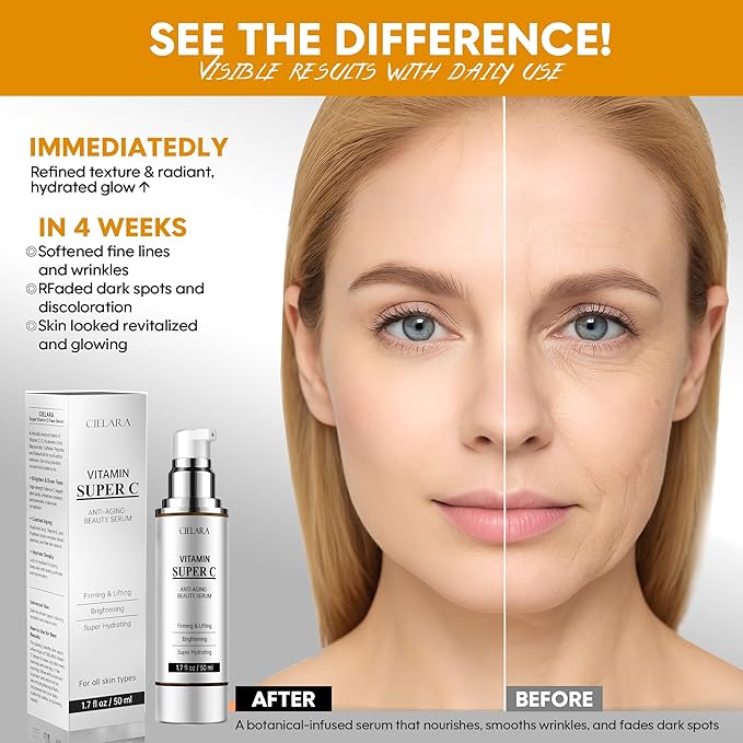 CIELARA Vitamin C Serum for Face, Anti Aging 20% Super C Serum With Vit C Hyaluronic Acid, Vitamin E, Peptides, Collagen Wrinkle Serume for Dark Spot, tighten, firming, lift, Brightening-1.9 Fl Oz
