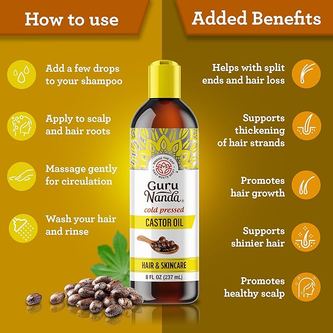 GuruNanda Castor Oil (8 Fl oz) - 100% Pure, Cold Pressed & Hexane-Free Oil - Natural Carrier Oil to Support Growth for Nails, Hair, Eyebrows & Eyelashes - Promotes Skin Hydration & Moisturization