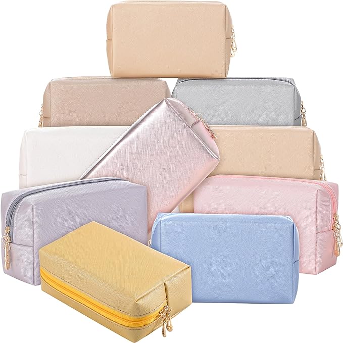 Sanwuta 9 Pcs Makeup Bags Bulk Bridesmaid Proposal Gifts Cosmetic Bags Preppy PU Leather Double Zipper Toiletry Pouch Portable Travel Organizer Case for Women Bachelorette Gift(Pearl Color)