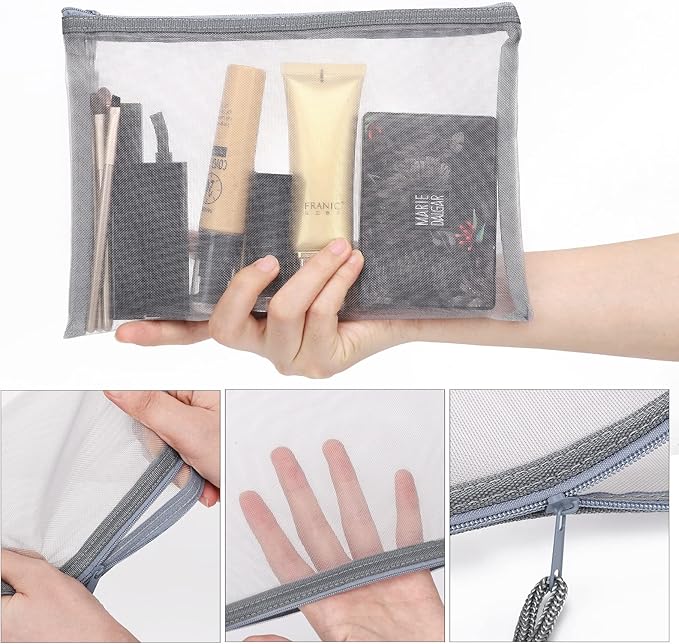 Sinzip 12 Pieces Zipper Nylon Mesh Pouch, Mesh Cosmetic Bags Makeup Bags Pencil Case, Multipurpose Travel Bags for Cosmetic School Office Supplies and Travel Accessories (Grey, A5+B6)