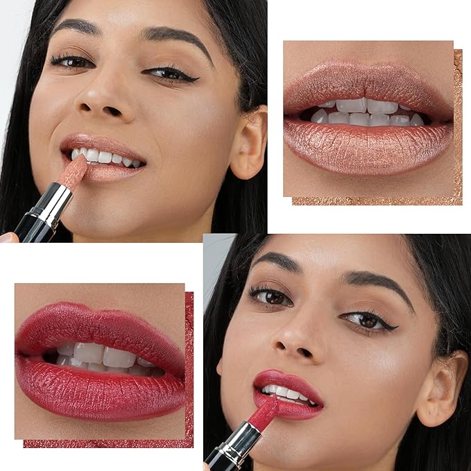 Anglicolor 2pcs Metallic Nude& Red Lipstick,High Impact Lipcolor,Lightweight Hydrating Formula Smooth and Non-Sticky,Frosted Lipstick For Women,Full-Coverage Lip Color