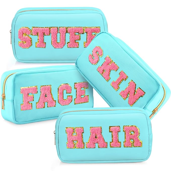 Remerry 4 Pcs Nylon Makeup Bags Waterproof Spacious Travel Cosmetic Bag for Women Chenille Letter Preppy Zipper Pouch Face Stuff Skin Hair Organizer Gift(Light Blue)