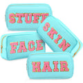 Remerry 4 Pcs Nylon Makeup Bags Waterproof Spacious Travel Cosmetic Bag for Women Chenille Letter Preppy Zipper Pouch Face Stuff Skin Hair Organizer Gift(Light Blue)