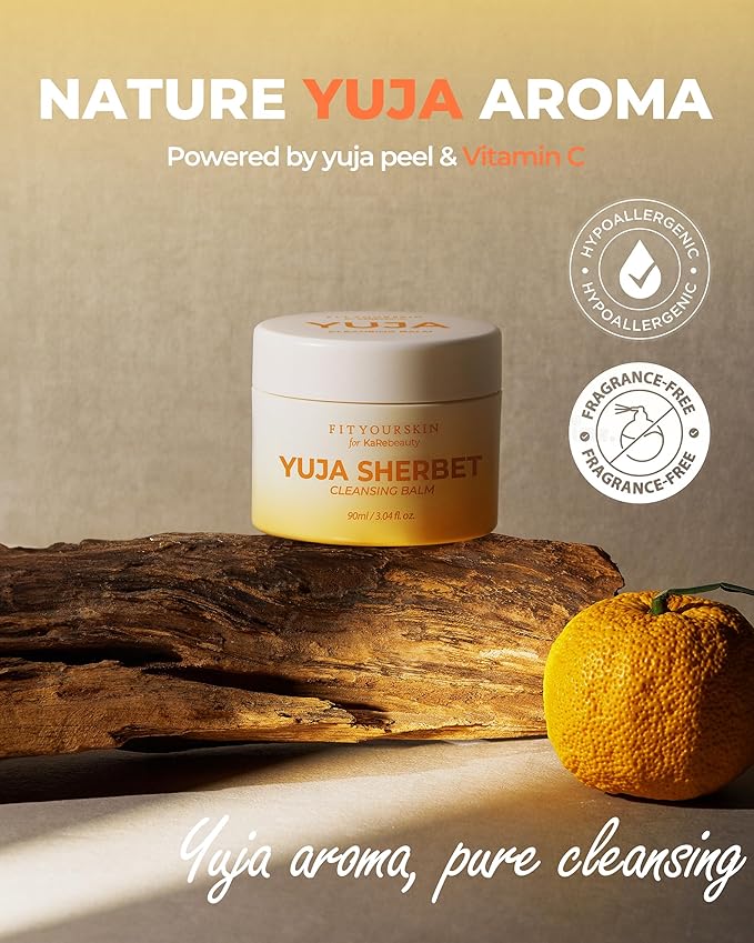 FIT YOUR SKIN Yuja Sherbet Cleansing Balm - Korean First Cleanse Makeup & Sunscreen Remover | Vitamin C Yuzu + Heartleaf | Balm to Oil Pore Care | Fresh Citrus Scent | 3.04 fl oz