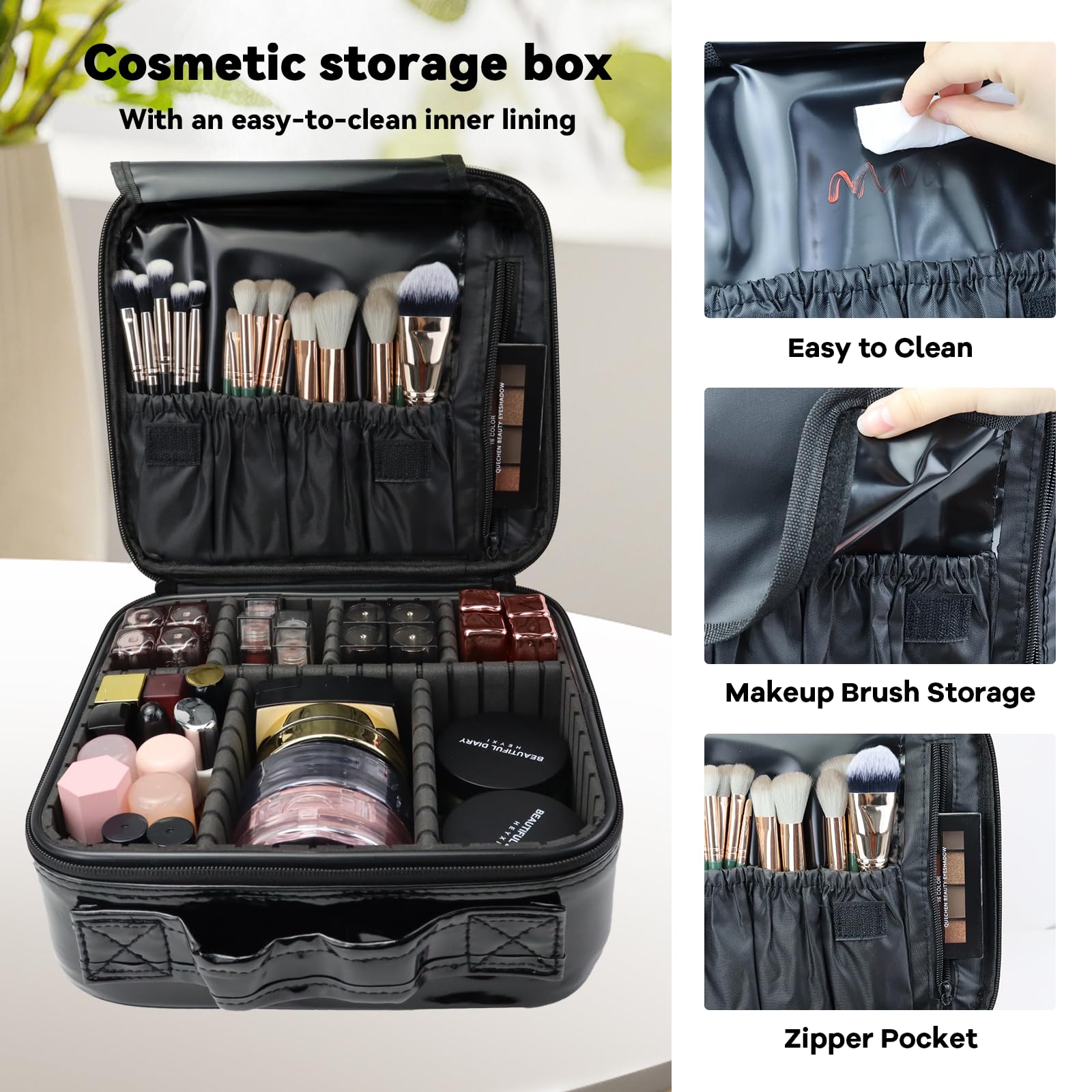 SLUMAZI Travel Makeup Bag Makeup Cosmetic Train Case Organizer Portable Storage Bag with Adjustable Dividers for Cosmetics Makeup Brushes Toiletry Jewelry Black Laser Grid Pattern