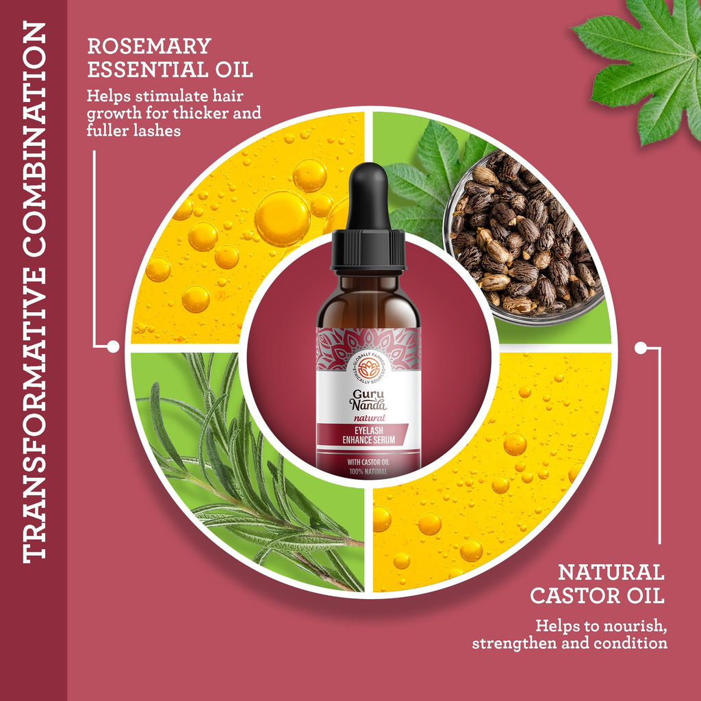GuruNanda Natural Castor Oil Eyelash Enhance Serum with Rosemary Oil - Brush Applicator & 5 Pipettes, Helps Natural Hair Growth for Eyebrows & Beards, 2 Fl Oz