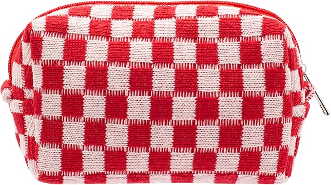 PAZIMIIK Checkered Makeup Bag for Purse, Small Travel Cosmetic Pouch,Red