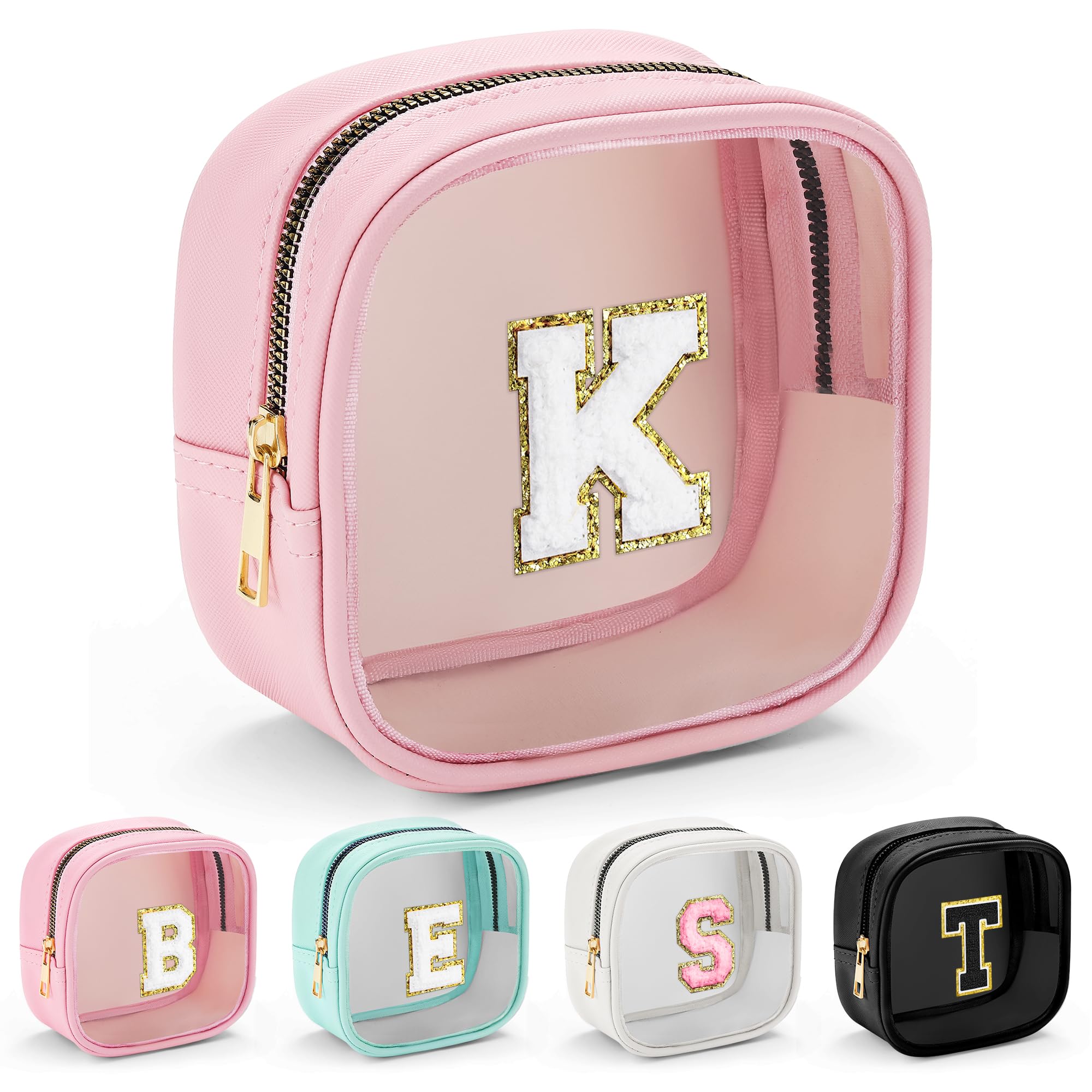 YOOLIFE Mini Initial Makeup Bag | Clear Makeup Bag | Preppy Cosmetic Bags Travel Essentials Gifts for Women Teen Girlfriend Teacher Birthday Clear Toiletry Bag Small Cosmetic Bag for Purse Pink K