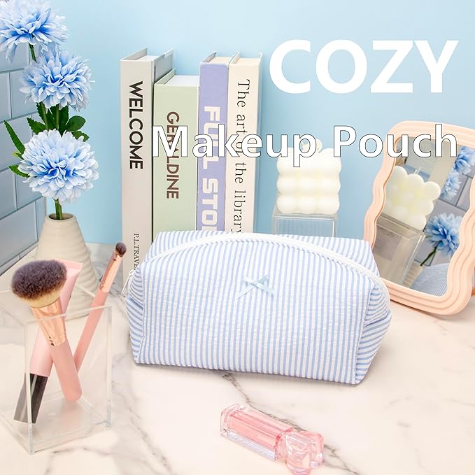 PAZIMIIK Cozy Makeup Bag for Women,Zipper Cosmetic Pouch,Stripe Blue,6 Pack