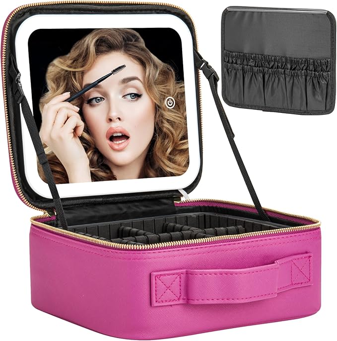Extrei Gent Makeup Travel Train Case with Mirror LED Light 3 Adjustable Brightness Cosmetic Bag Portable Storage Adjustable Partition Waterproof Makeup Brushes Makeup Jewelry Gift for Women, Violet