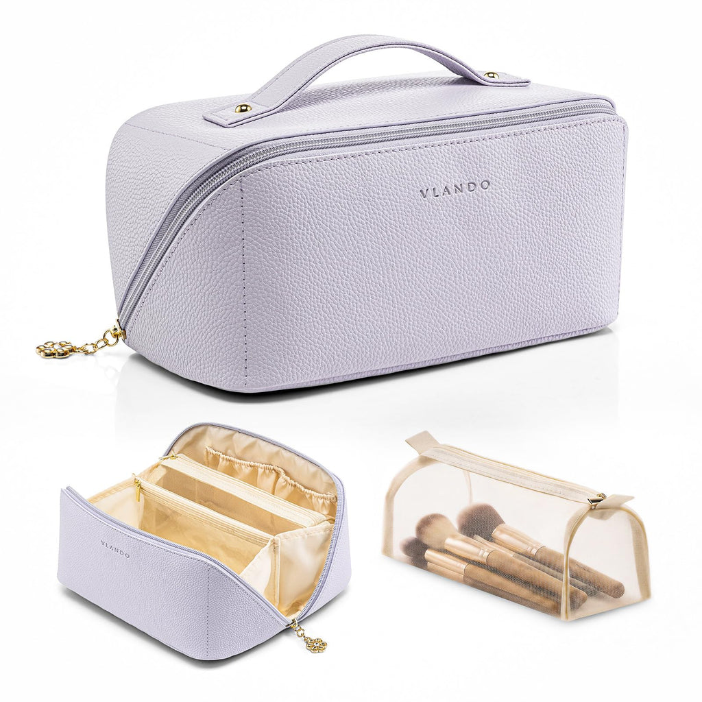 VLANDO Makeup Bag,Travel Toiletry Bag,Cosmetic Bag for Women PU Leather Portable Make up Bag for Skincare, Brushes & Travel Essentials-Purple