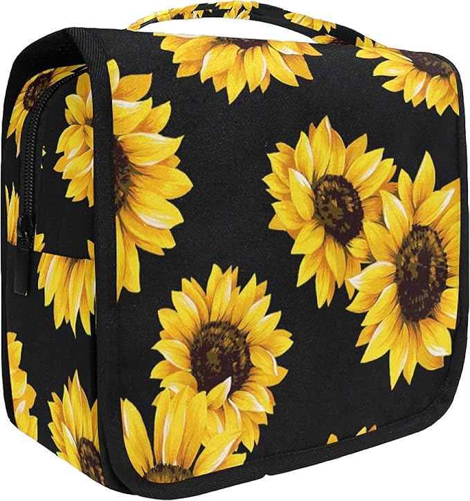 Hanging Travel Toiletry Bag Kit Makeup Case Cosmetics Organizer for Men Women (Black Sunflower)