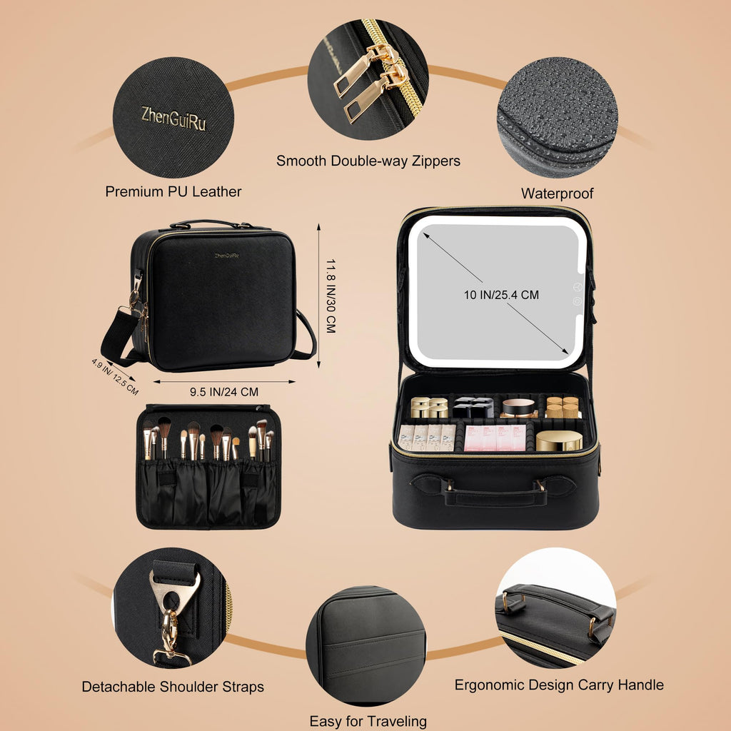 SJD Travel Makeup Bag with LED Mirror, Portable Cosmetic Case Organizer with Lighted Mirror, Waterproof Makeup Case for Cosmetic Brush Holder Storage, Black Toiletry Bag for Women Gift
