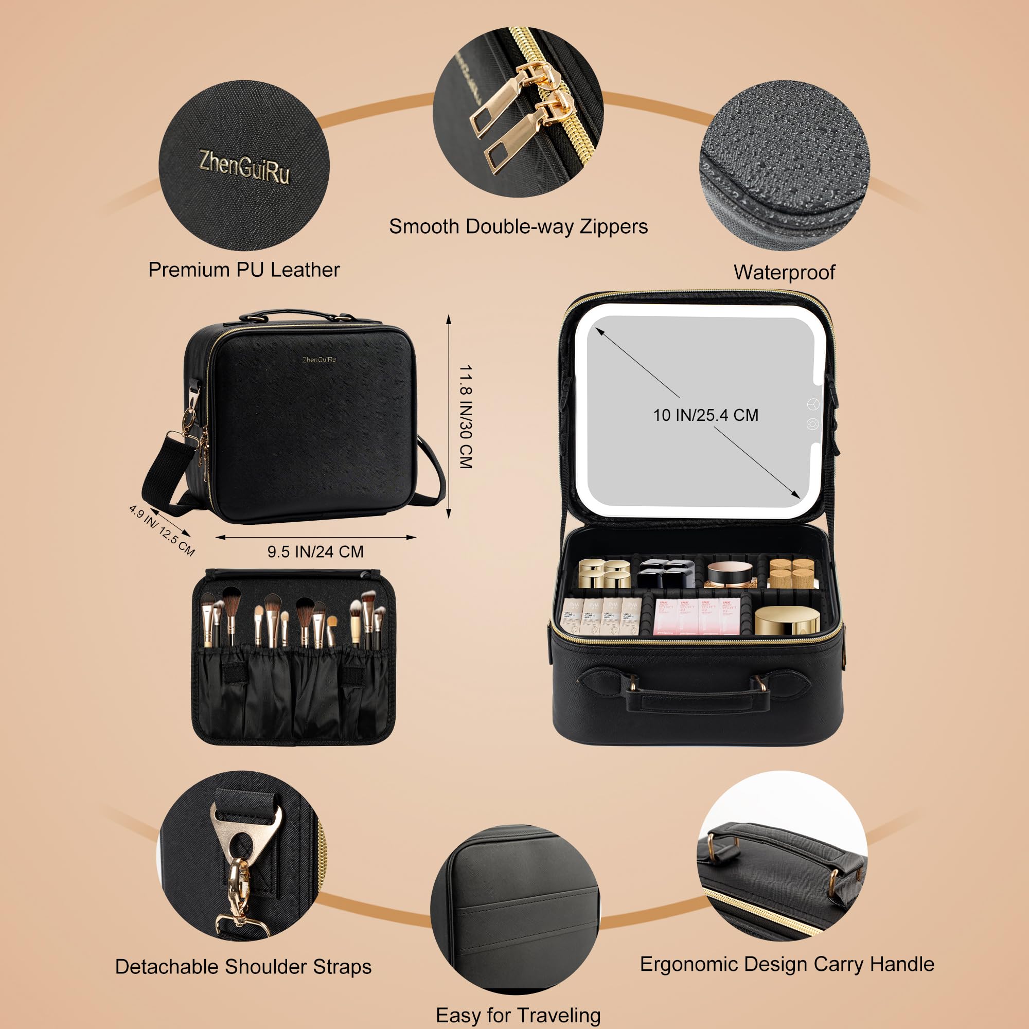 SJD Travel Makeup Bag with LED Mirror, Portable Cosmetic Case Organizer with Lighted Mirror, Waterproof Makeup Case for Cosmetic Brush Holder Storage, Black Toiletry Bag for Women Gift