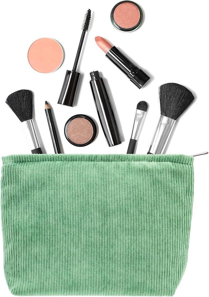 Flat Makeup Bag for Women,Zipper Cosmetic Pouch for Purse,Corduroy Green