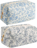 HHQQWZ Makeup Bag Travel Cosmetic Bag for Women Girls, Zipper Make Up Pouch, Floral Flowers Toiletry Organizer Makeup, Portable Storage Bag, Cosmetic Travel Cloth Bag (Blue Floral+Navy Blue Flower)