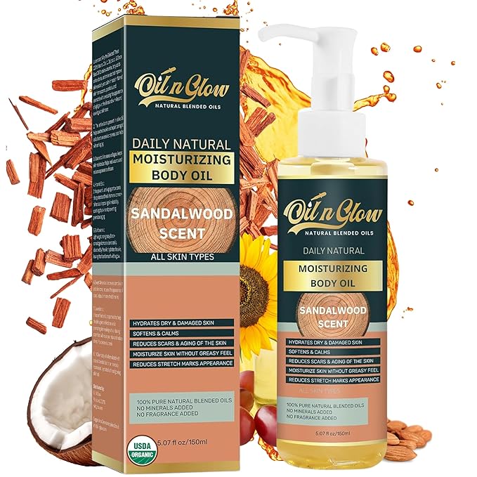 OilnGlow Pure Natural Hydrating Body Oil After Shower With Coconut, Jojoba, Olive & Almond Non-Greasy Moisturizing Oil For Women & Men Dry Skin 5.07 fl oz/150ml-Sandalwood Scent