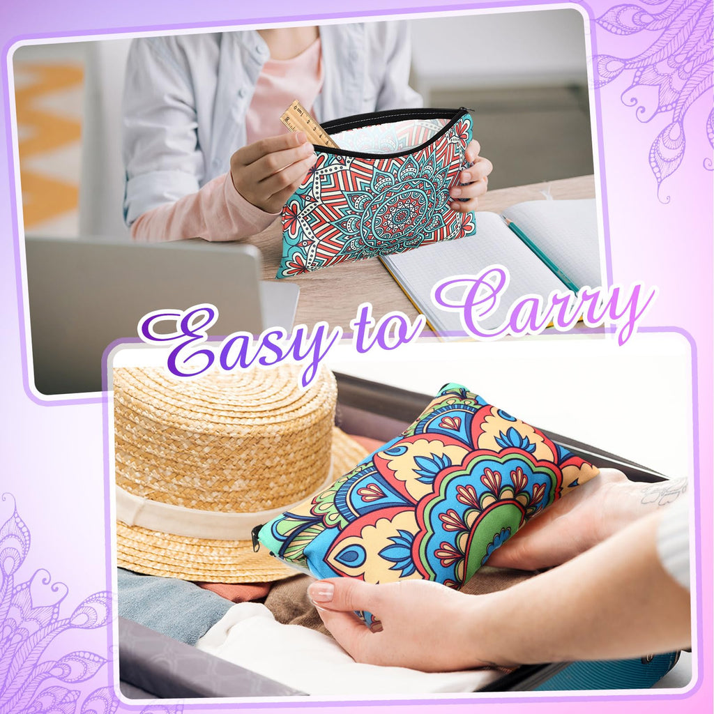 Hillban 36 Pcs Mandala Makeup Bags Bohemian Cosmetic Bags for Women Mandala Flowers Travel Toiletry Pouch with Zipper Portable Organizer Pouch for Cosmetics Makeup Brushes, 12 Styles