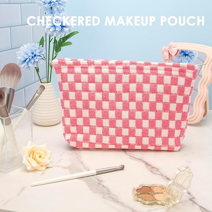 PAZIMIIK Checkered Makeup Bag for Purse, Small Flat Cosmetic Pouch,Pink