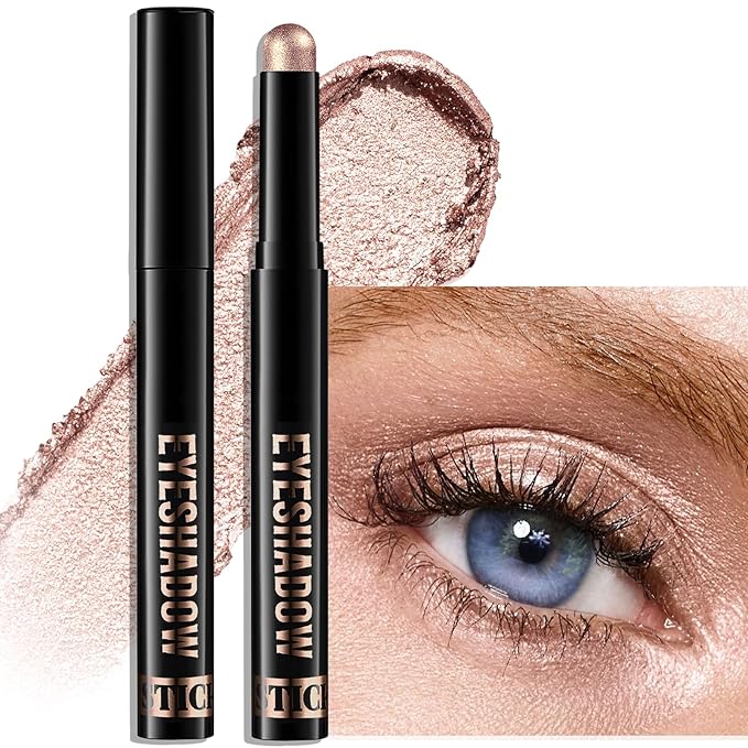 Wugbc Champagne Pink Shimmer Eyeshadow Stick, Waterproof Cream Eye Shadow Pencil Long-Lasting Crease-Proof Glitter Eyeshadow Crayon Smooth High Pigmented Highlighter Neutral Eye Shadow Liner Makeup