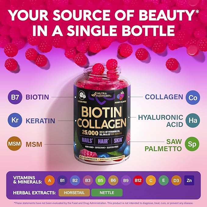 Biotin Gummies for Hair Growth Support - for Women & Men - Berry, 60 Gummy