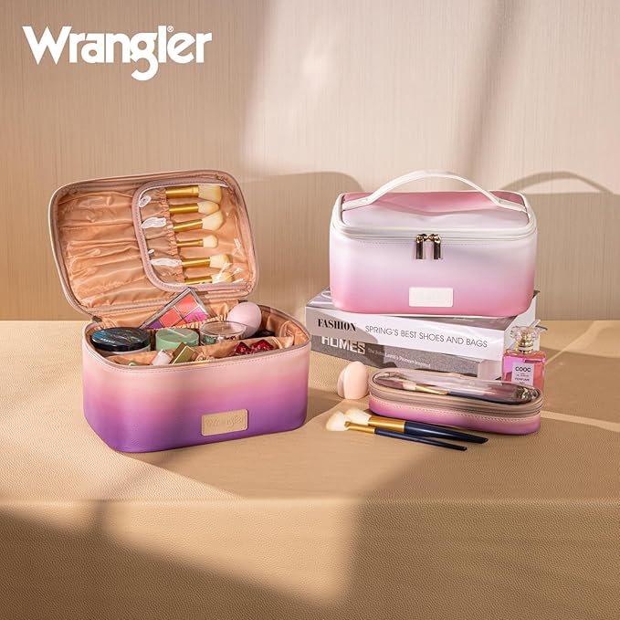 Wrangler Travel Makeup Bag 2pcs Set Cosmetic Bag with Makeup Brush Holder
