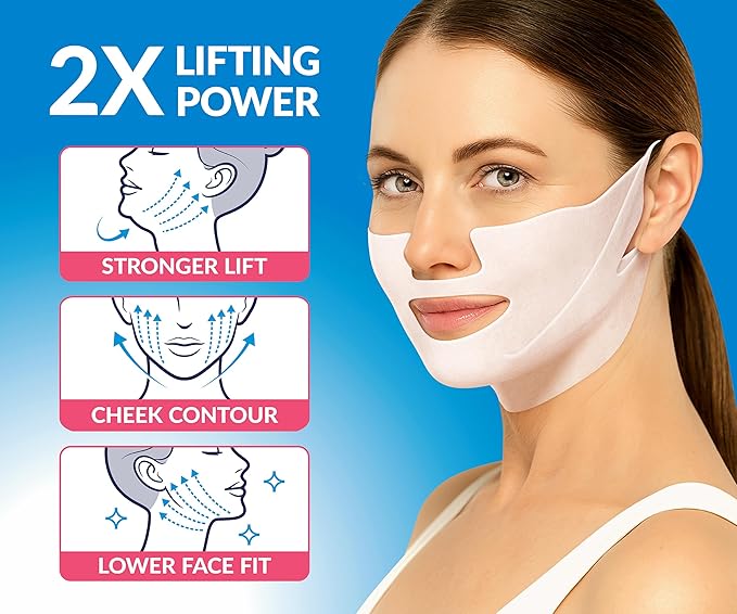 Stylia MaxiLift V-Line Lifting Collagen Face Mask - Double Chin Strap - Jawline Shaper - Neck Firming and Tightening Mask with Hyaluronic Acid & Aloe Vera - Chin Strap for Sleeping (5PC)
