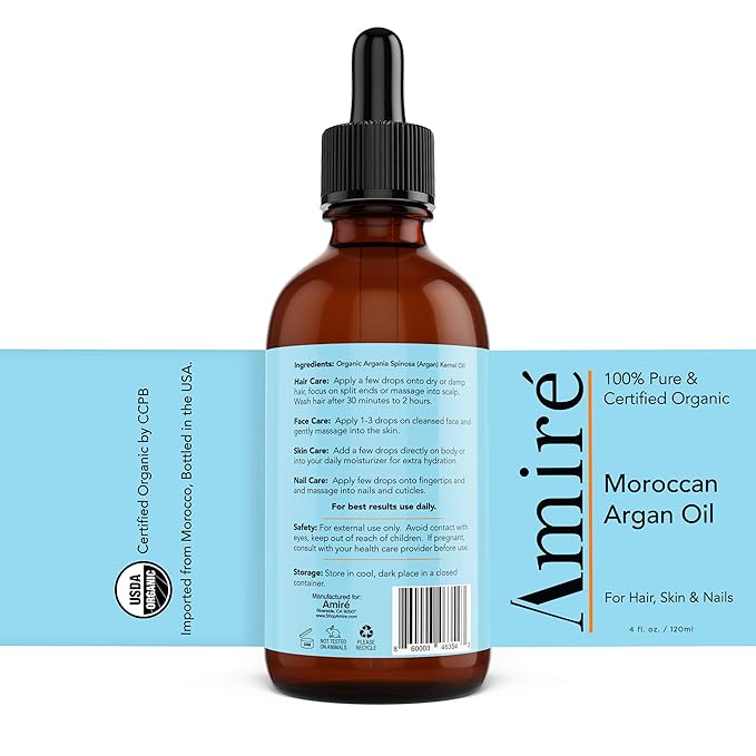 Amire USDA Certified Organic Argan Oil 4oz, Triple Extra Virgin Grade Moroccan Argan Oil for Hair Growth. Skin, Face, & Nails. Moisturizer. Scalp Treatment Hair Oil for Dry, Damaged, Brittle Hair.