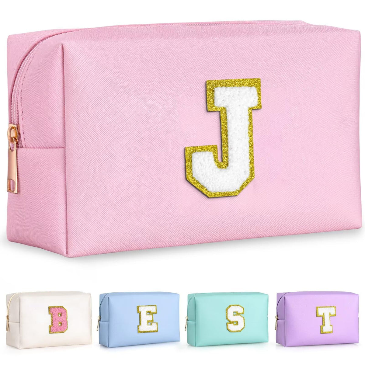 TOPEAST Birthday Gifts for Girls, Travel Makeup Bag Chenille Letter Pouch Cosmetic Bag, Makeup Travel Organizer, Monogrammed Bridesmaid Gifts for Women, Cute Stuff for Girls (Pink J)