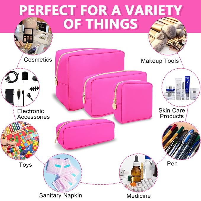 UIXIZQ Large Makeup Bag Pouch,Nylon Women Travel Toiletry Storage Bag Preppy Cosmetic Bag for Girls,Big Makeup Organizer Bag Cute Zipper Pouch Skincare Bag for Sport Work Gift(Large-Bubblegum)