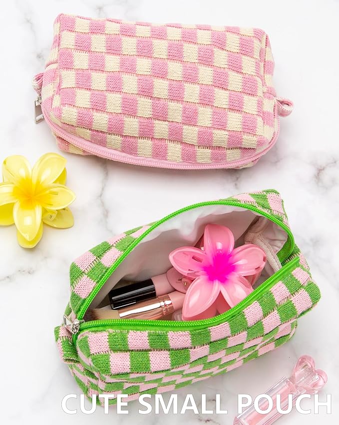Checkered Makeup Bag for Purse, Small Travel Cosmetic Pouch,Pink Green