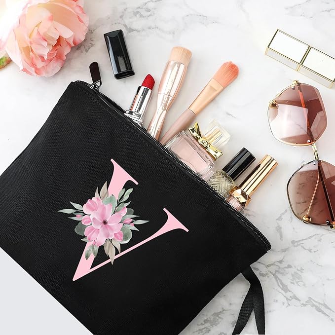 Vavabox A-Z Personalized Makeup Bag, Birthday Gifts for Women Mom, Gifts for Best Friend, Bride Bridesmaid Cosmetic bag (V, 02-Black)