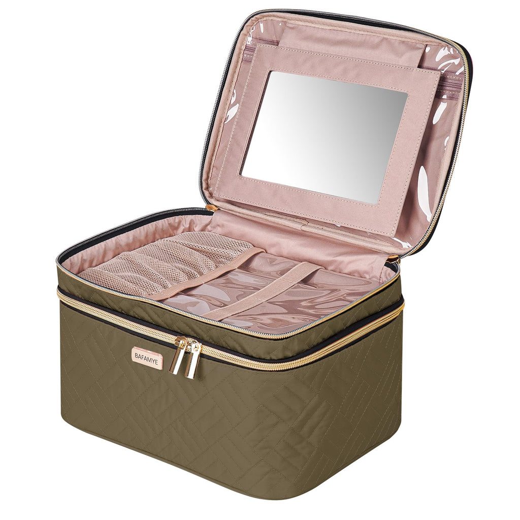 BAFAMYE 8.8L Double Layer Travel Makeup Bag With Mirror For Women, Large Cosmetic Case, Organizer for Travel-Size Accessories Bottles, Brushes,and Skin Care Products, 2.33 GAL, Brown…