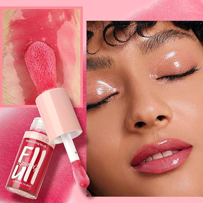 Anglicolor 2PC Lip Oil and Metallic Glitter Pink Lipstick,Natural Lip Plumper,Fruit Flavoured Lip Oil,For Dry Lip's Moisturizing Hydrating,Vegan & Cruelty-free (06 Gaia+15)