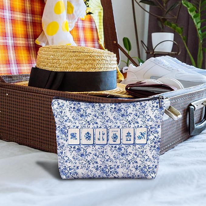 Zomhix Blue and White Chinoiserie Mahjong Makeup Bag, Mahjong Gifts for Women Cosmetic Bags, Gifts for Mah Jong Players Lovers Makeup Zipper Pouch