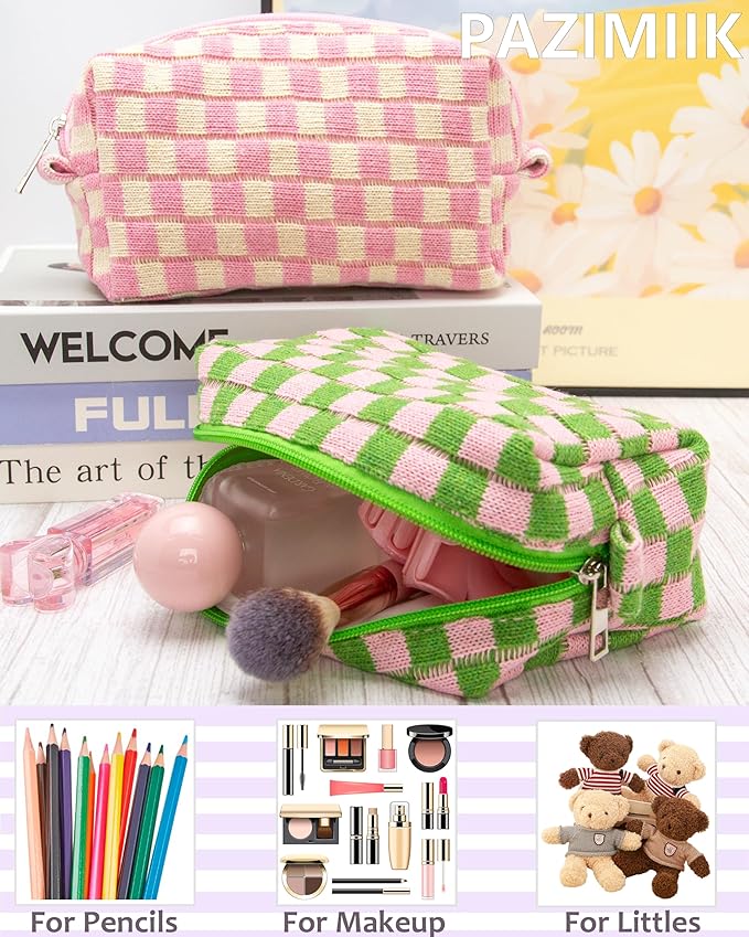 Checkered Makeup Bag for Purse, Small Cosmetic Pouch,Pink Green,2 Pack