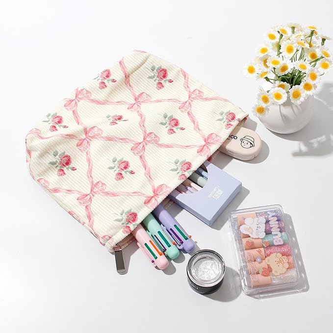 Gardsell Cosmetic Bags for Women - Corduroy Cosmetic Bag Aesthetic Women Handbags Purses Smile Dots Makeup Organizer Storage Makeup Bag Girls Case Bags (Flowers-Navy blue)