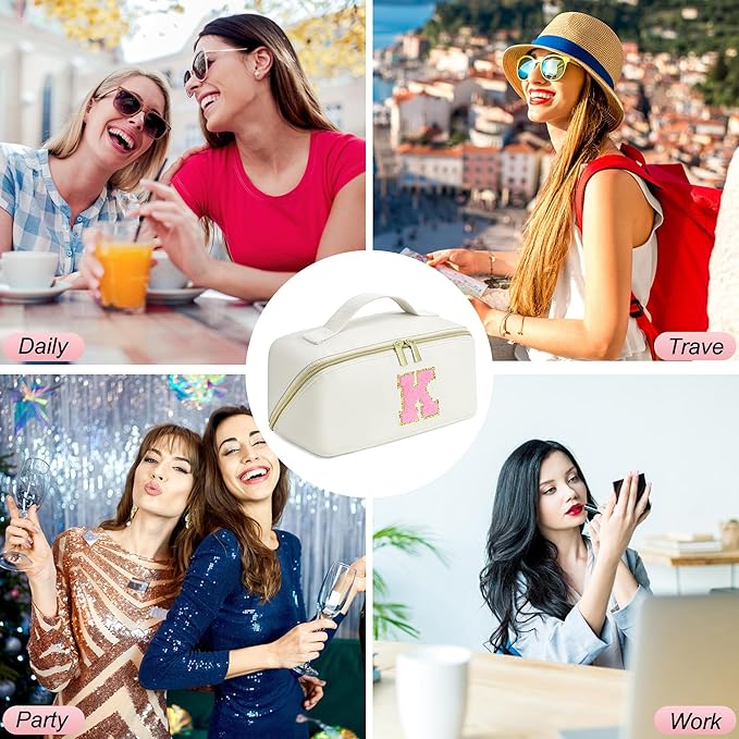 for Christmas Day Gifts, Makeup Bag for Women, PU Leather Travel Toiletry Bags, Initial Make Up Cosmetic Pouch for Teen Girls, Wide Open Portable Skincare Bag, Personalized Birthday Gifts, White Y