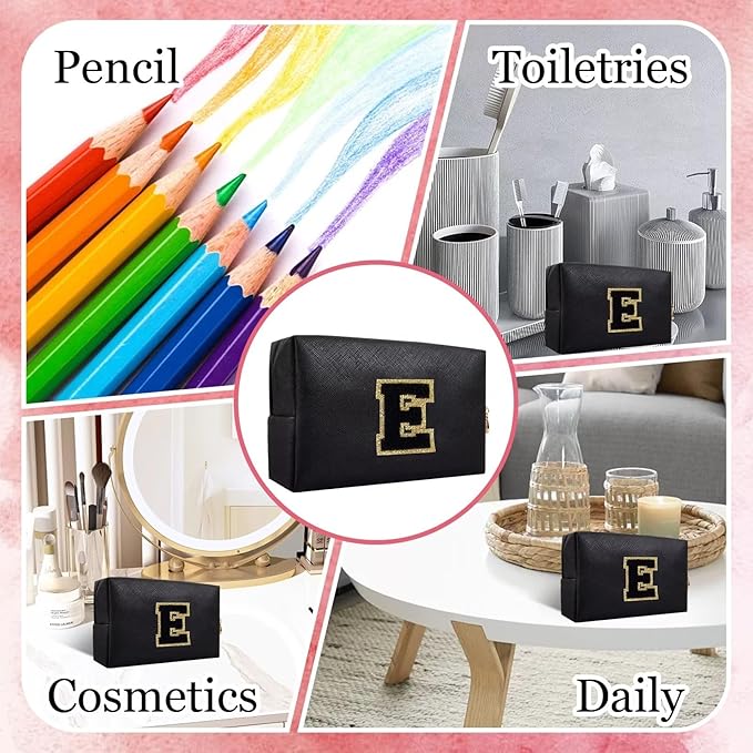 Small Personalized Letter Makeup Bag, Cute PU Leather Chenille Letters Cosmetic Bag Travel Makeup Pouch, Preppy Travel Organizer Zipper Pouch for Women&Girls（Black-E）