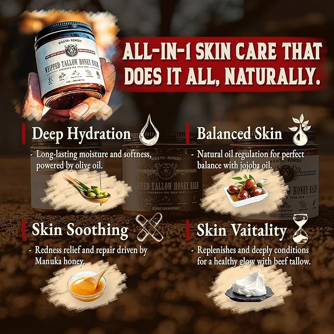Organic Beef Tallow for Skin & Face - Whipped Honey Balm, Unscented (4 OZ)