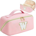 for Valentines Day Gifts, Makeup Bag for Women, PU Leather Travel Toiletry Bags, Initial Make Up Cosmetic Pouch for Teen Girls, Wide Open Portable Skincare Bag, Personalized Birthday Gifts, Pink W