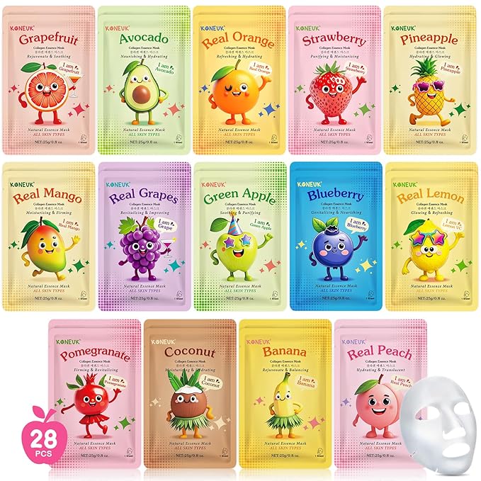 KONEUK 28 Pack Fruit Face Masks Skincare for Kids Girls, Sheet Face Mask