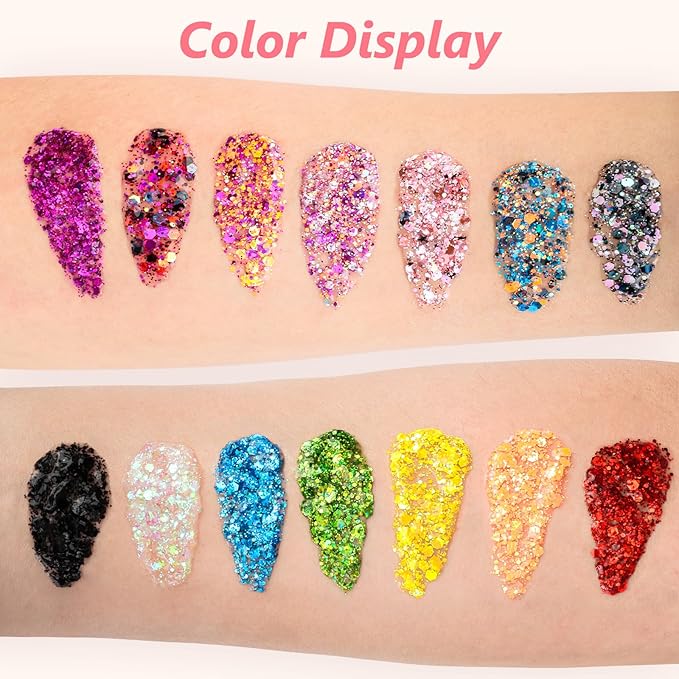 14 Colors Body Glitter,Face Glitter Makeup for Kids Women,Sparkly Chunky Hair Glitter for Eye Lip Nails,Mardi Gras Glitter Makeup Face Paint,Singer Concerts Disco Rave Festival Accessories
