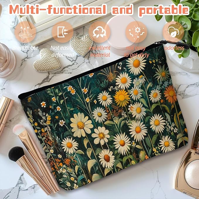 Scribesense Cosmetic Bags Travel Makeup Toilet Case Waterproof Pouch for Women Girls 6.7X9.45inches - White Daisies And Yellow Marigolds in Wild