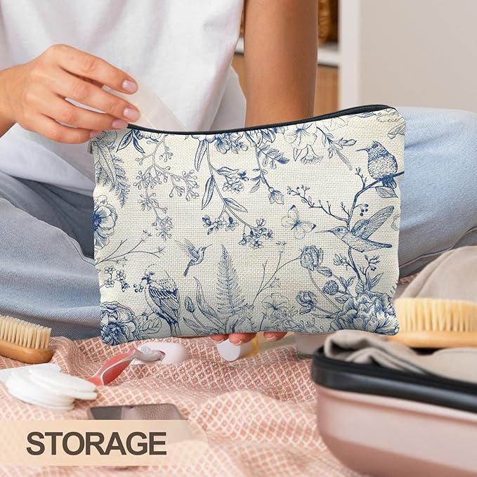 RYYCDOI Chinoiserie Floral Makeup Bag, Chinoiserie Decor Cosmetic Bag Toiletry Bag for Women, Floral Bird Makeup Bag, Chinoiserie Makeup Pouch