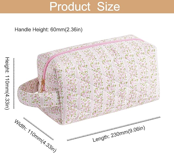HHQQWZ Makeup Bag Travel Cosmetic Bag for Women, Zipper Make Up Pouch, Floral Flowers Toiletry Organizer Makeup with Handle, Cosmetic Travel Cloth Bag (Pink Floral)